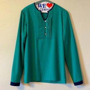 Blue Green Blouse with Pearlized Buttons